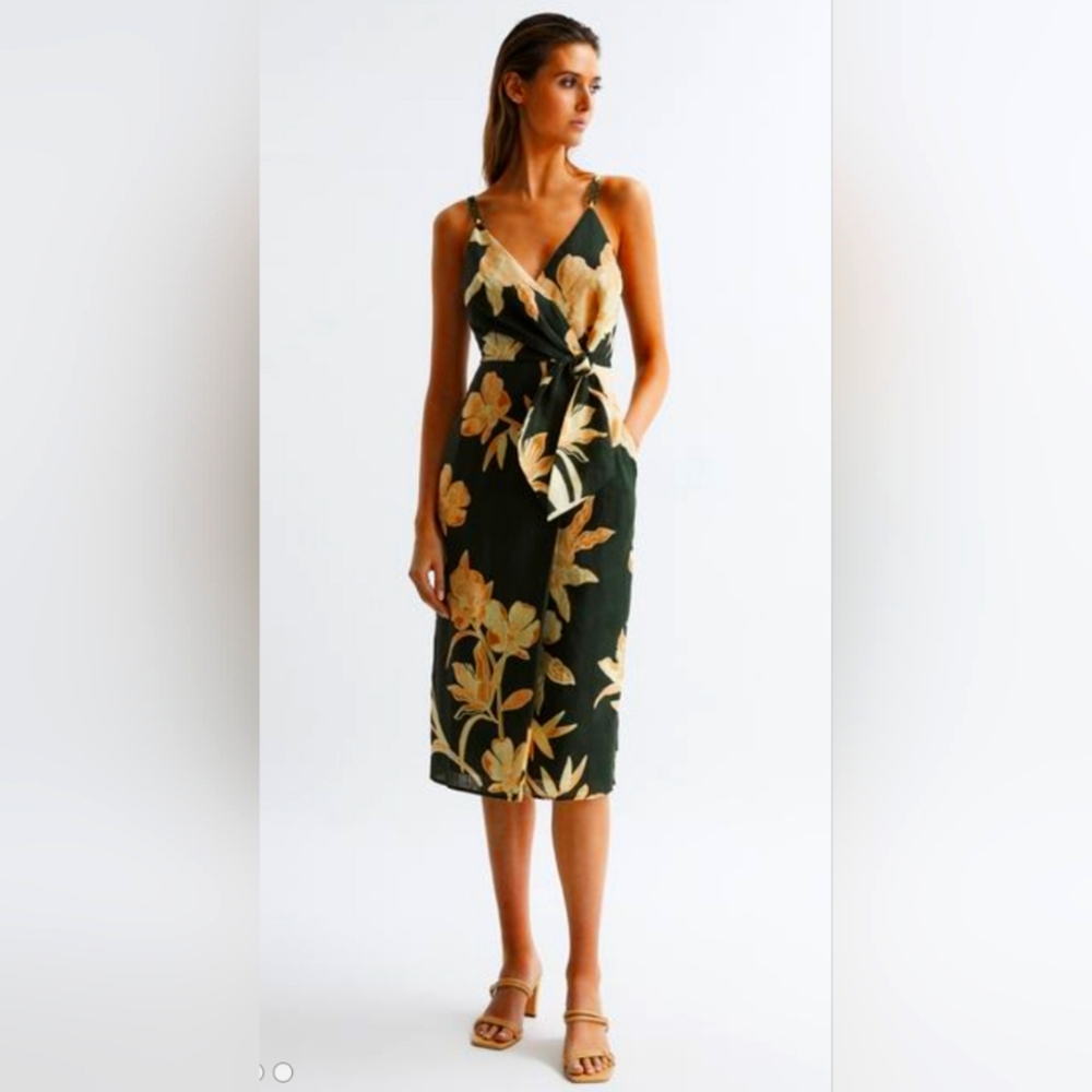 Reiss Alice Fitted Floral Print Midi Dress Khaki Size US4 New NWT